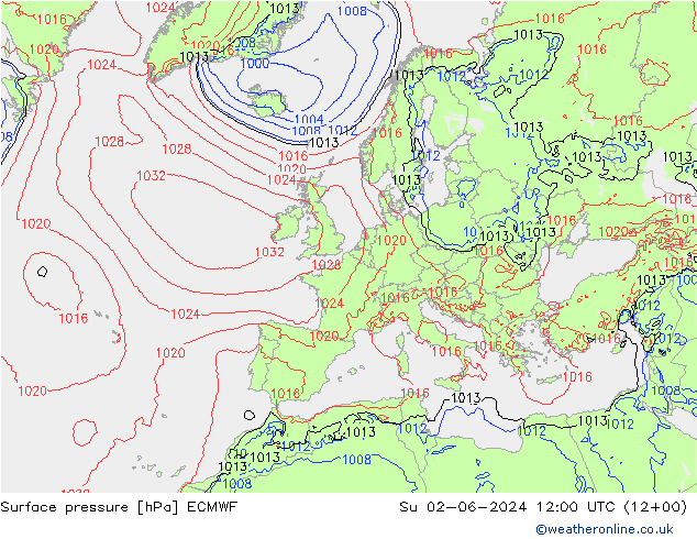 Presión superficial ECMWF dom 02.06.2024 12 UTC