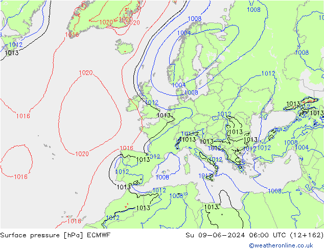 Pressione al suolo ECMWF dom 09.06.2024 06 UTC