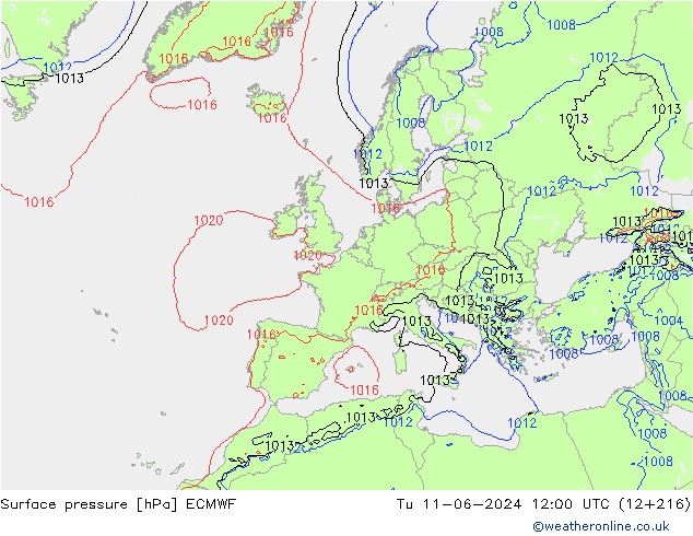 Surface pressure ECMWF Tu 11.06.2024 12 UTC