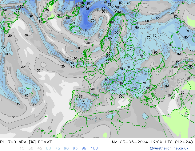 RH 700 hPa ECMWF lun 03.06.2024 12 UTC