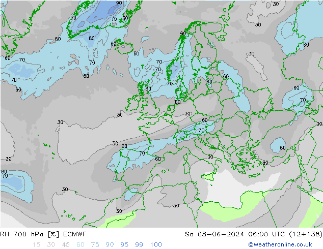 Humidité rel. 700 hPa ECMWF sam 08.06.2024 06 UTC