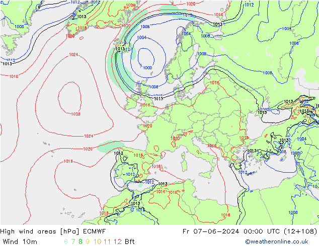 High wind areas ECMWF пт 07.06.2024 00 UTC
