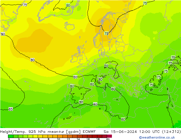 Hoogte/Temp. 925 hPa ECMWF za 15.06.2024 12 UTC