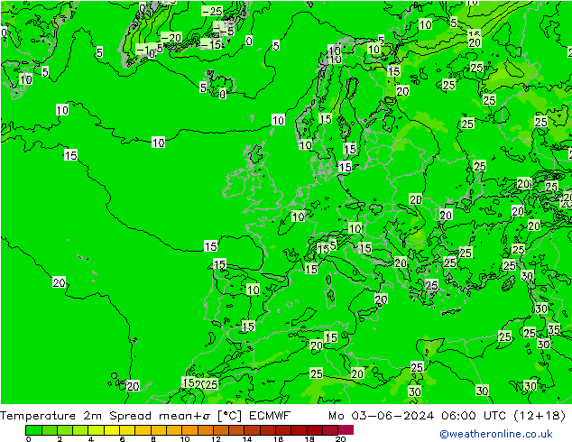 Temperatura 2m Spread ECMWF lun 03.06.2024 06 UTC