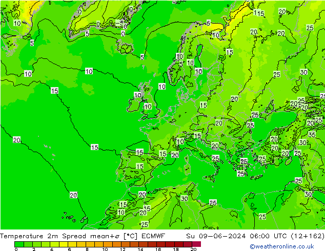 Temperatura 2m Spread ECMWF dom 09.06.2024 06 UTC