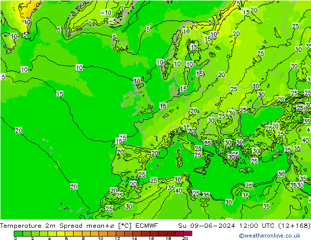 température 2m Spread ECMWF dim 09.06.2024 12 UTC