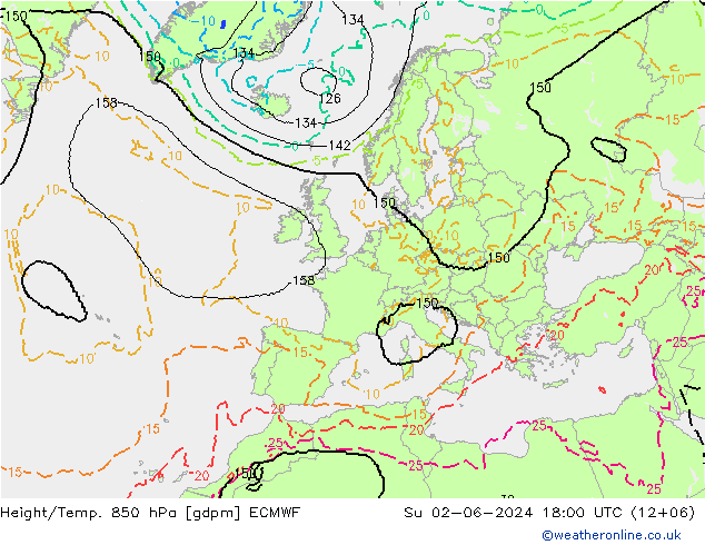 Height/Temp. 850 hPa ECMWF So 02.06.2024 18 UTC