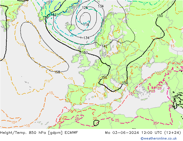 Geop./Temp. 850 hPa ECMWF lun 03.06.2024 12 UTC