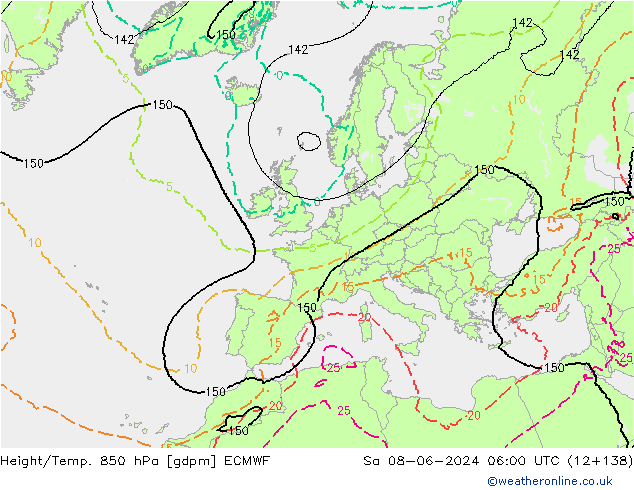 Height/Temp. 850 гПа ECMWF сб 08.06.2024 06 UTC