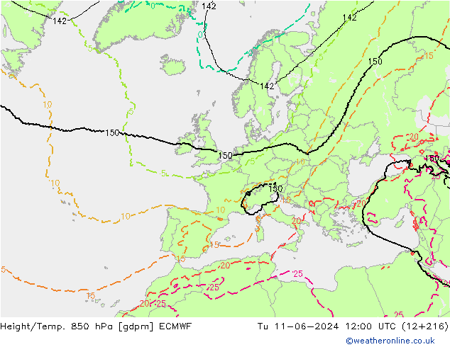 Height/Temp. 850 hPa ECMWF Tu 11.06.2024 12 UTC