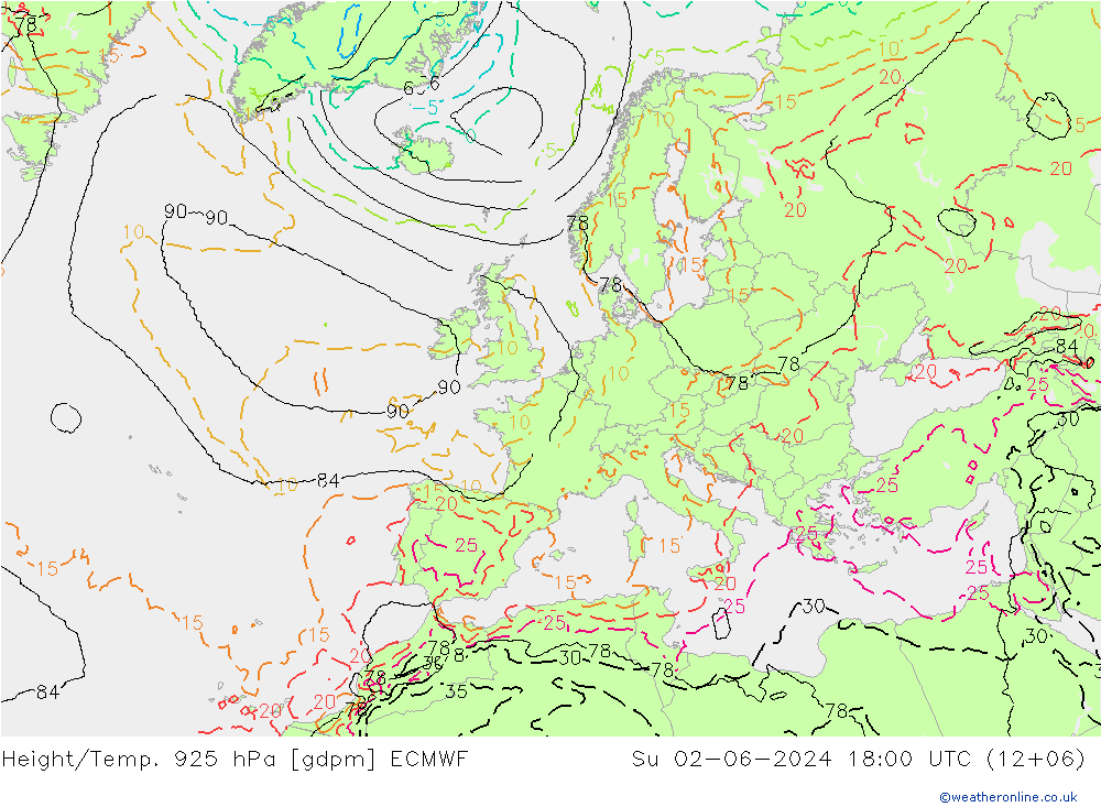 Height/Temp. 925 hPa ECMWF dom 02.06.2024 18 UTC