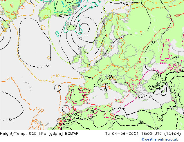 Height/Temp. 925 hPa ECMWF Tu 04.06.2024 18 UTC