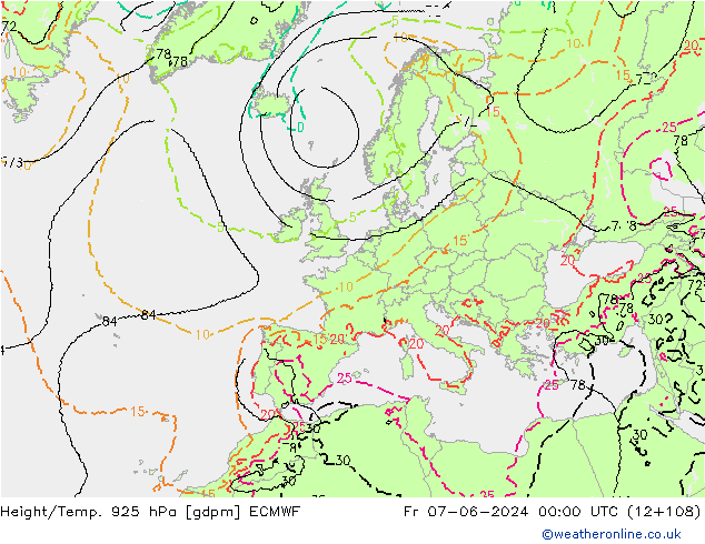 Height/Temp. 925 hPa ECMWF Sex 07.06.2024 00 UTC