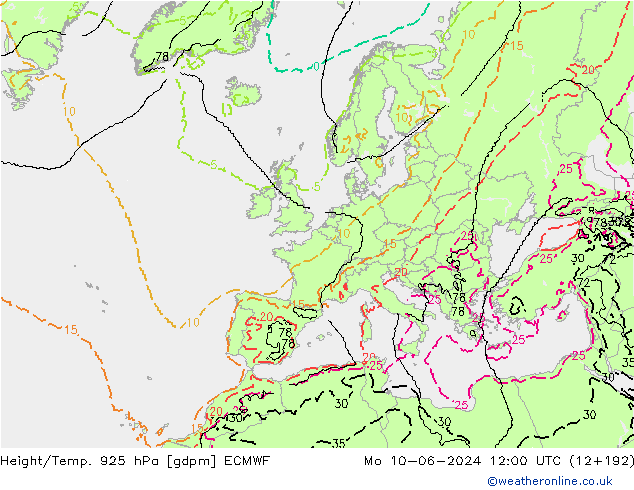 Height/Temp. 925 hPa ECMWF Mo 10.06.2024 12 UTC