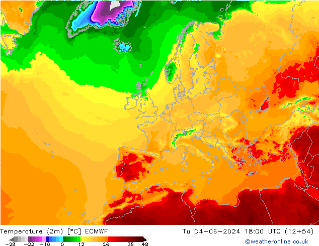 Temperatura (2m) ECMWF Ter 04.06.2024 18 UTC