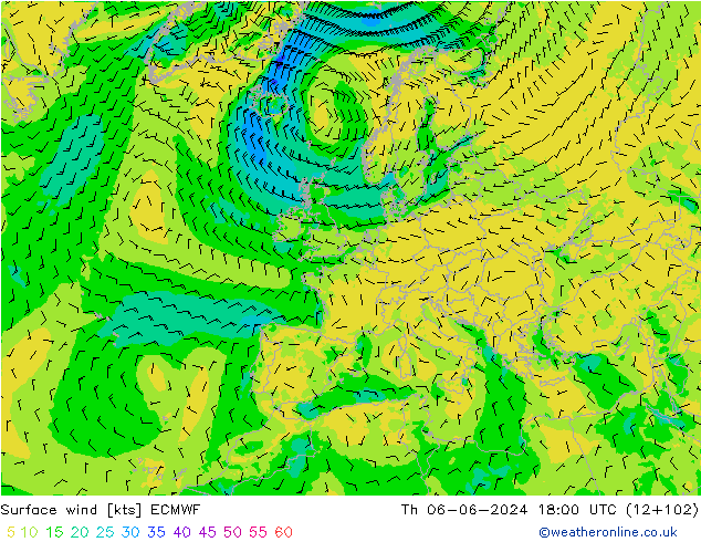 Vento 10 m ECMWF Qui 06.06.2024 18 UTC