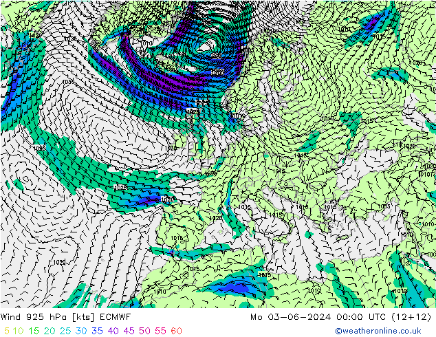 Wind 925 hPa ECMWF Mo 03.06.2024 00 UTC