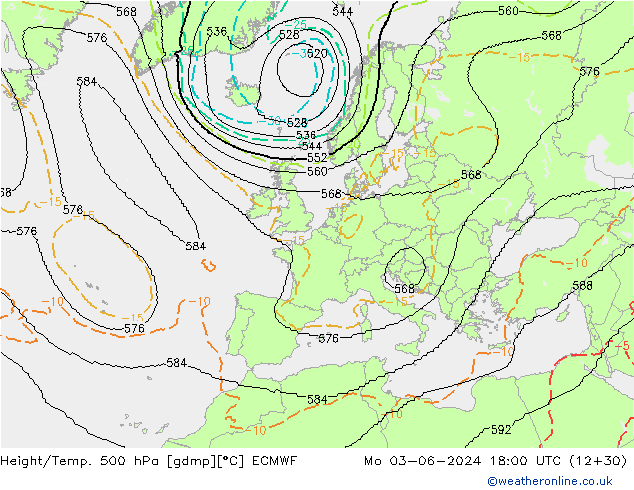 Height/Temp. 500 hPa ECMWF Mo 03.06.2024 18 UTC