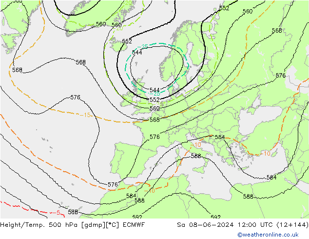 Hoogte/Temp. 500 hPa ECMWF za 08.06.2024 12 UTC