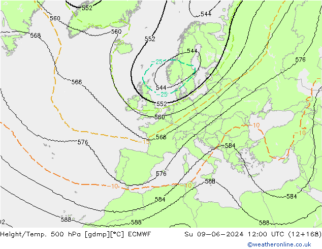 Height/Temp. 500 hPa ECMWF Su 09.06.2024 12 UTC