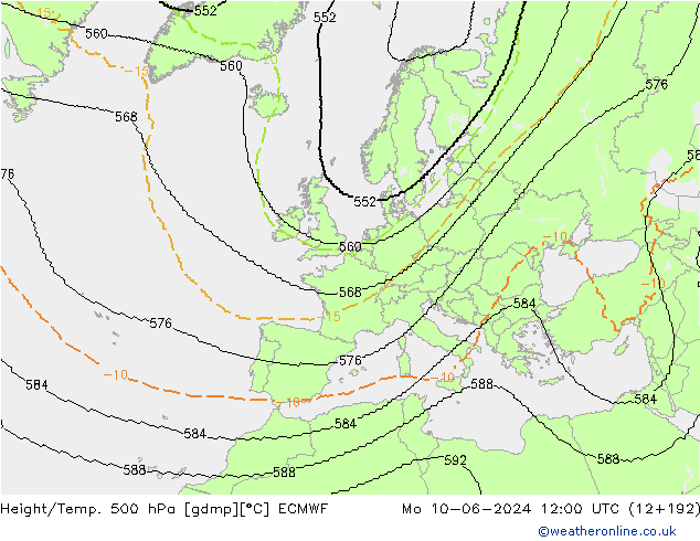 Height/Temp. 500 hPa ECMWF Mo 10.06.2024 12 UTC