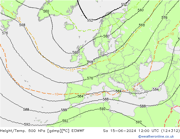 Height/Temp. 500 hPa ECMWF Sa 15.06.2024 12 UTC