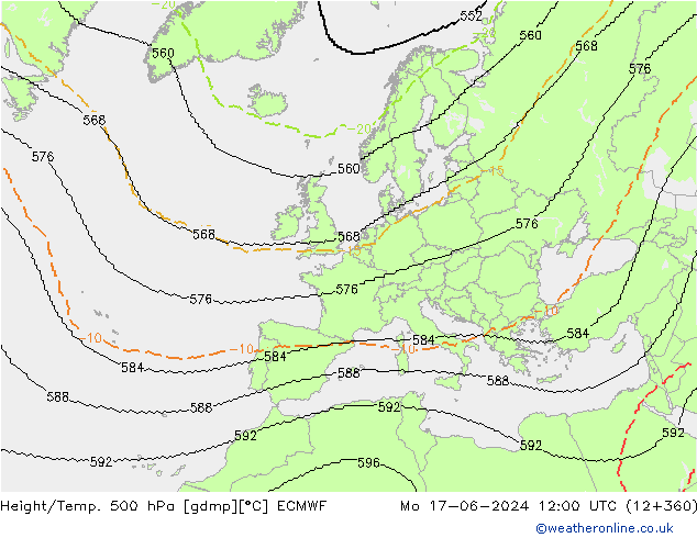 Height/Temp. 500 hPa ECMWF pon. 17.06.2024 12 UTC