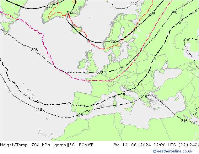 Geop./Temp. 700 hPa ECMWF mié 12.06.2024 12 UTC