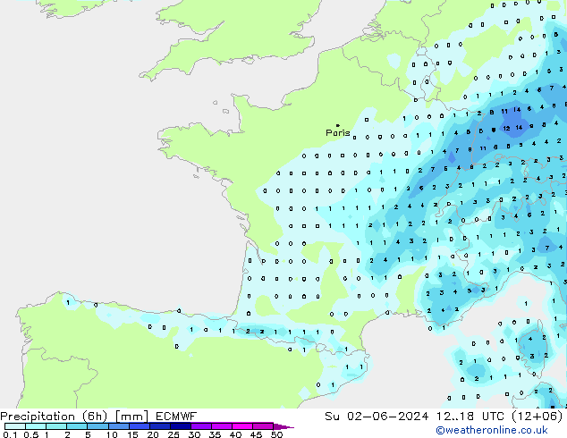 Totale neerslag (6h) ECMWF zo 02.06.2024 18 UTC