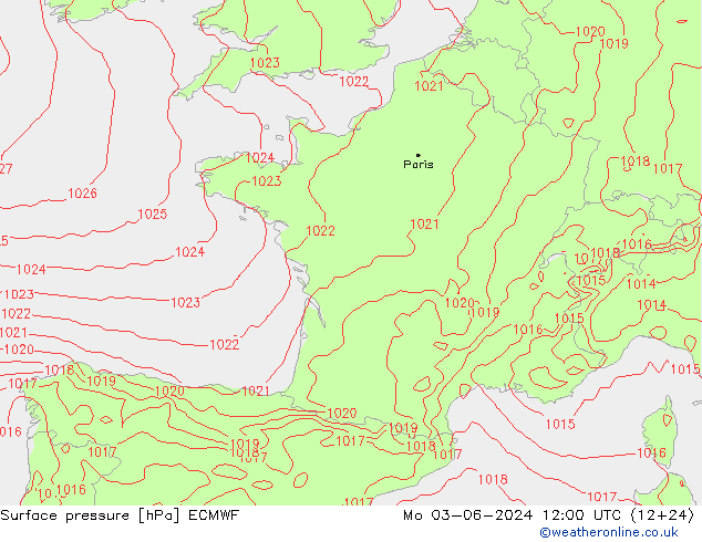 Presión superficial ECMWF lun 03.06.2024 12 UTC