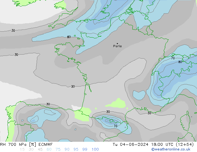 RH 700 hPa ECMWF Út 04.06.2024 18 UTC