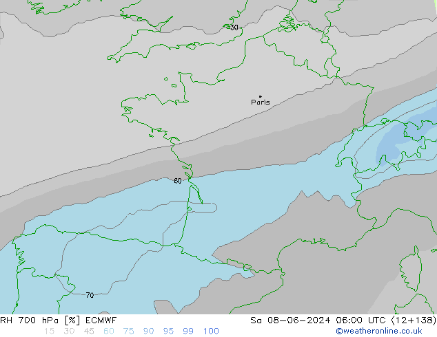 Humidité rel. 700 hPa ECMWF sam 08.06.2024 06 UTC