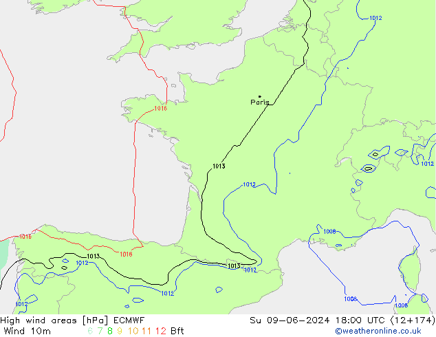 High wind areas ECMWF Ne 09.06.2024 18 UTC