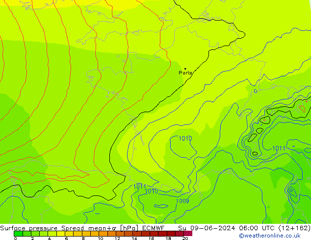 Surface pressure Spread ECMWF Su 09.06.2024 06 UTC