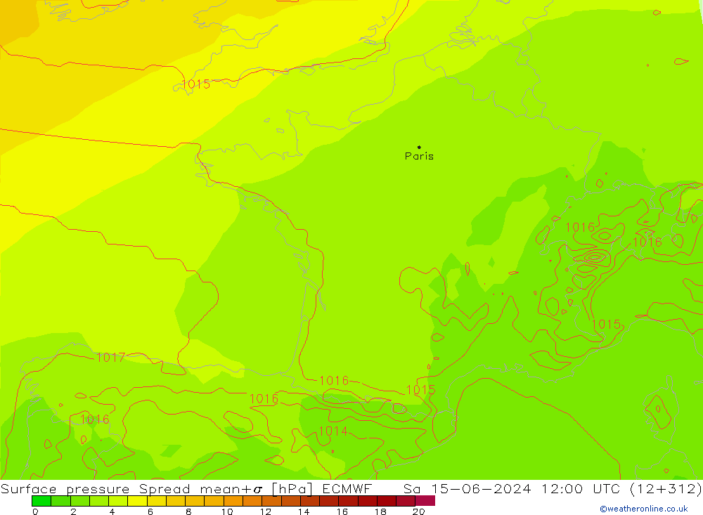 Atmosférický tlak Spread ECMWF So 15.06.2024 12 UTC