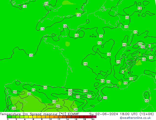 Temperature 2m Spread ECMWF Su 02.06.2024 18 UTC