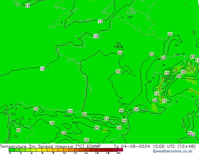 Temperature 2m Spread ECMWF Út 04.06.2024 12 UTC
