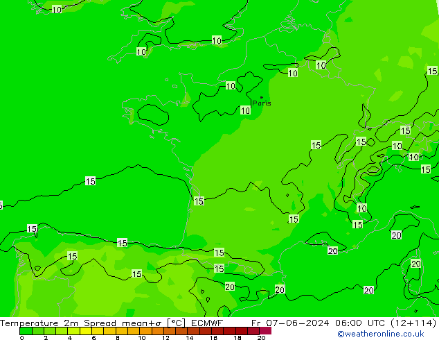 Temperaturkarte Spread ECMWF Fr 07.06.2024 06 UTC