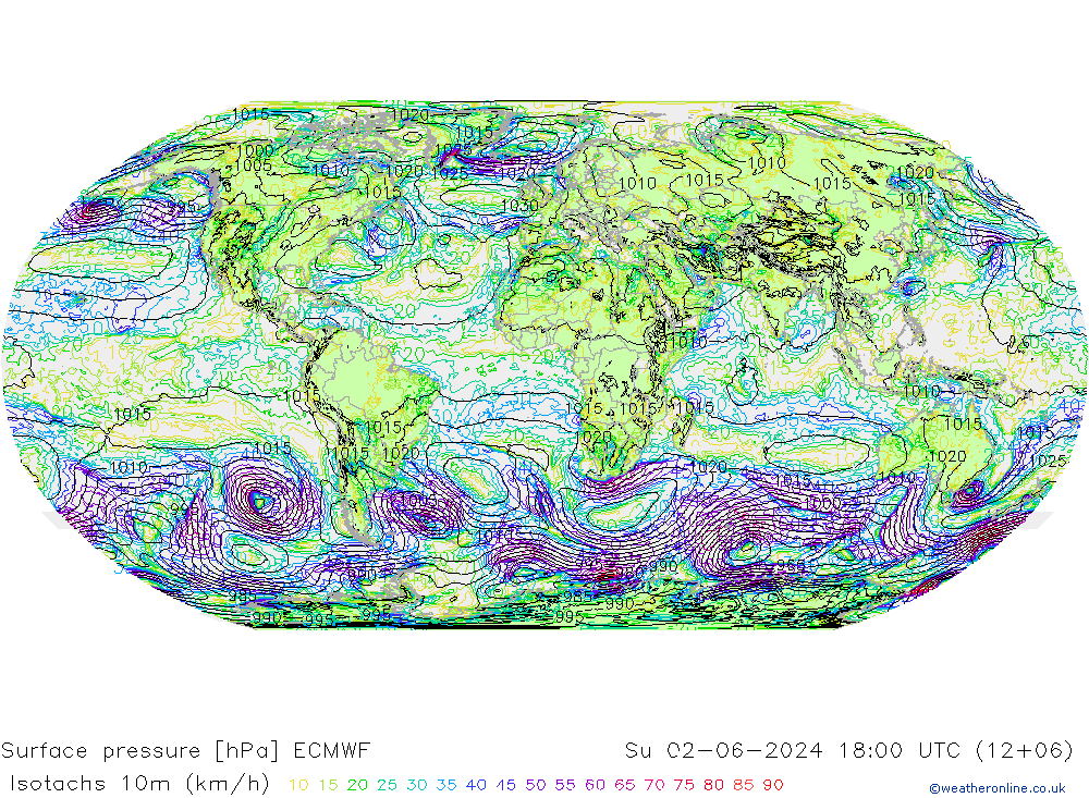 Isotachs (kph) ECMWF dom 02.06.2024 18 UTC