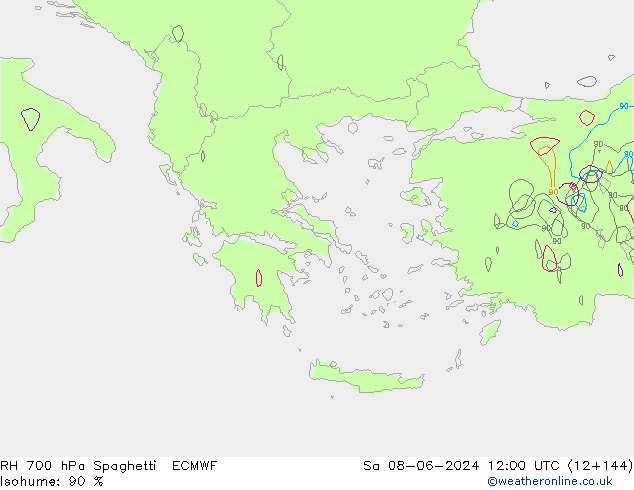 RH 700 hPa Spaghetti ECMWF sab 08.06.2024 12 UTC