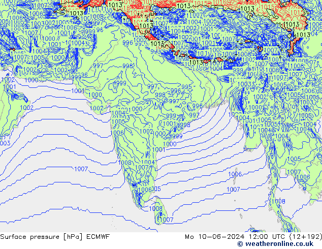 Surface pressure ECMWF Mo 10.06.2024 12 UTC