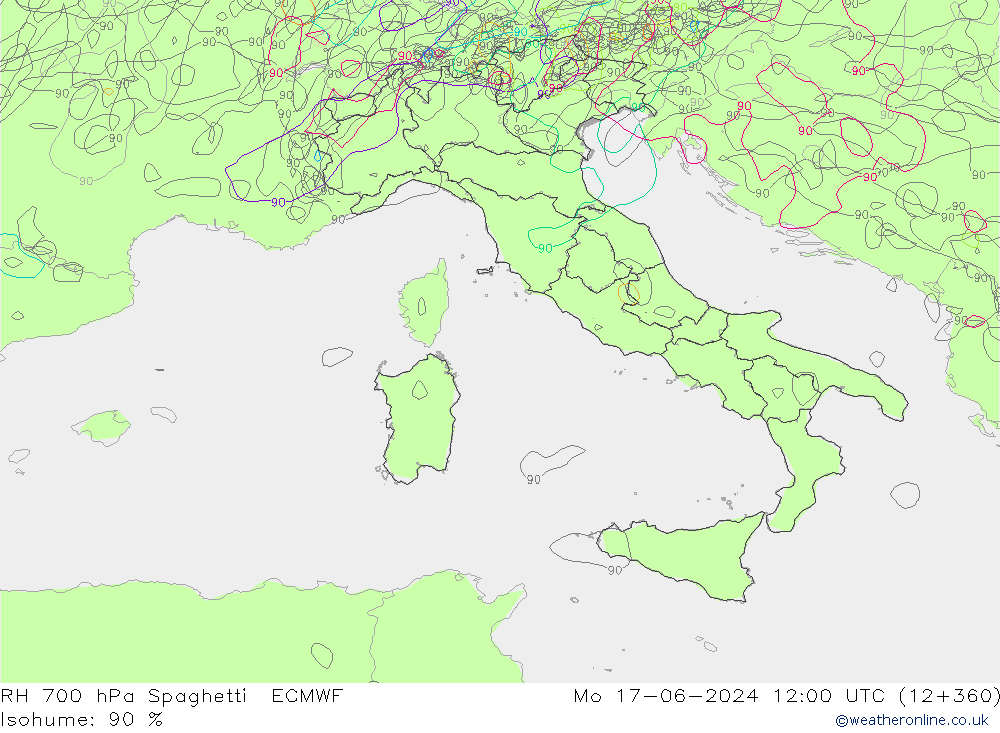 RH 700 hPa Spaghetti ECMWF Seg 17.06.2024 12 UTC