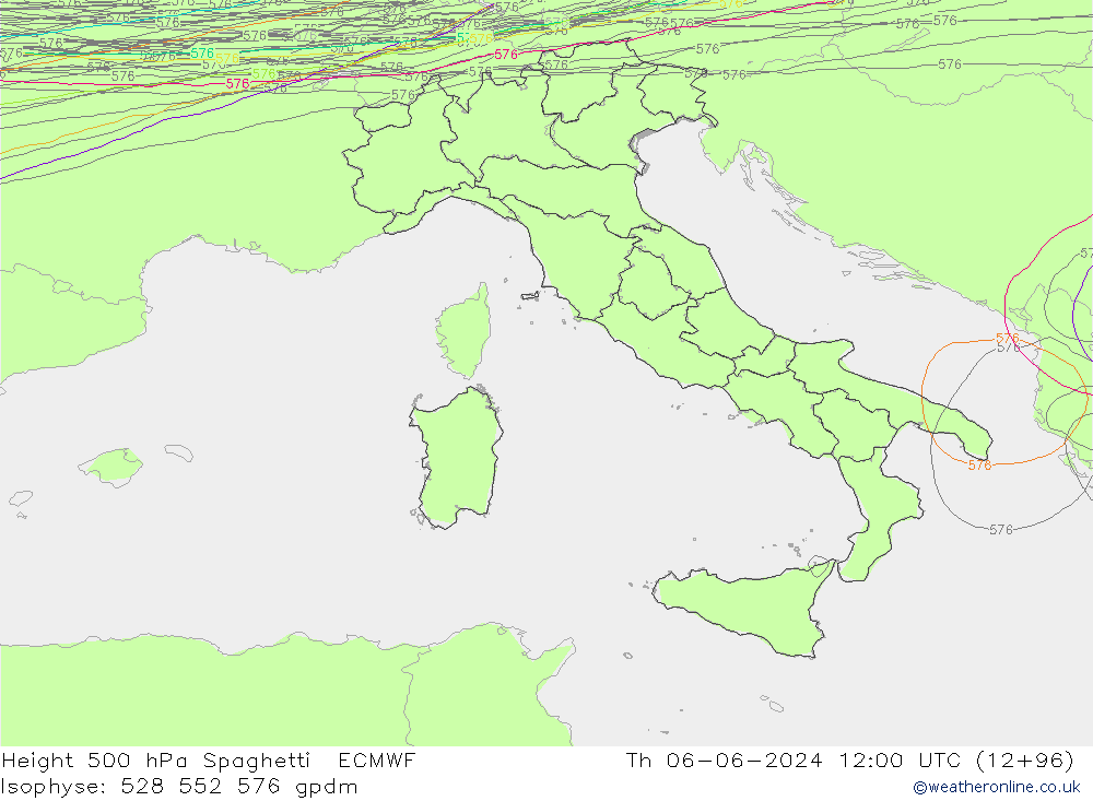 Height 500 hPa Spaghetti ECMWF czw. 06.06.2024 12 UTC