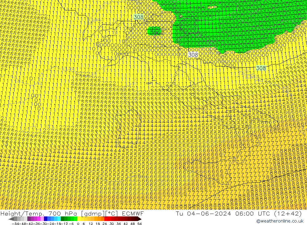 Height/Temp. 700 hPa ECMWF Tu 04.06.2024 06 UTC