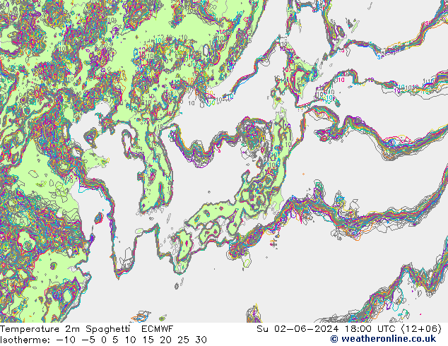 Temperatura 2m Spaghetti ECMWF dom 02.06.2024 18 UTC