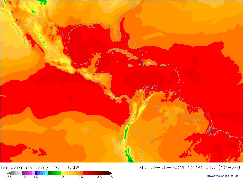 mapa temperatury (2m) ECMWF pon. 03.06.2024 12 UTC