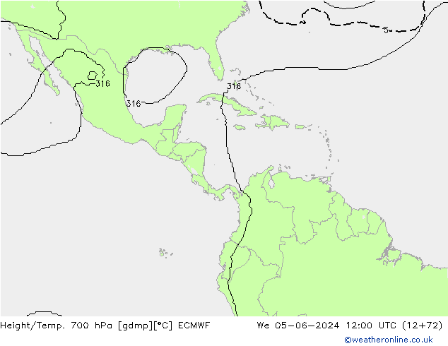 Height/Temp. 700 hPa ECMWF mer 05.06.2024 12 UTC
