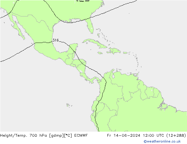 Height/Temp. 700 гПа ECMWF пт 14.06.2024 12 UTC