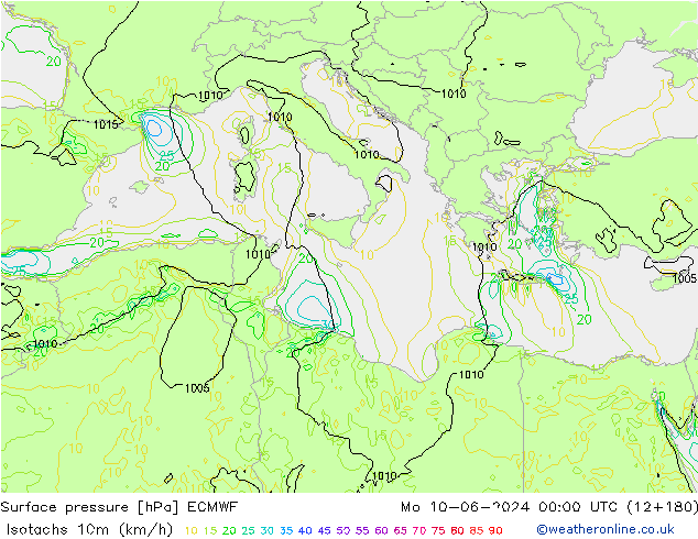 Isotachs (kph) ECMWF Po 10.06.2024 00 UTC