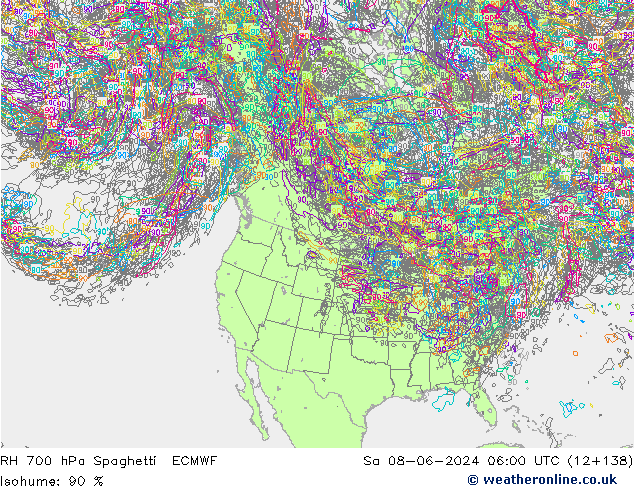 RH 700 hPa Spaghetti ECMWF Sa 08.06.2024 06 UTC